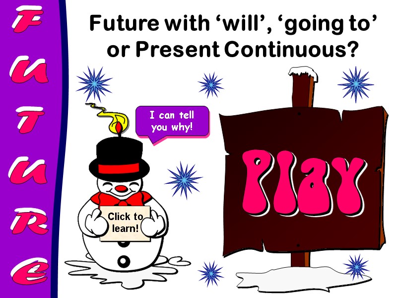 FUTURE I can tell you why! Click to learn! Future with ‘will’, ‘going to’